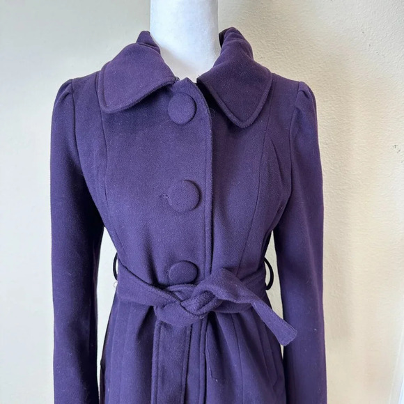 BANANA USA Fur Collar Purple Lined Coat Jacket w Ruffle Tie Belt Size Large - Picture 3 of 16
